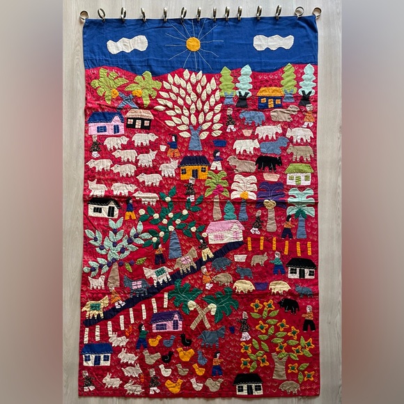 Large Vintage Handmade Peruvian Arpillera Folk Art Applique Tapestry